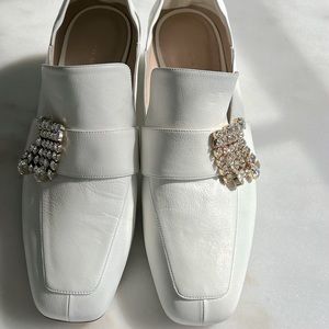 Never-worn Stuart Weitzman white loafers with crystal adornment size 11